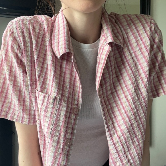 Vintage Carroll Reed Womens Pink White Plaid Button Up Short Sleeve Shirt Medium - Picture 4 of 9